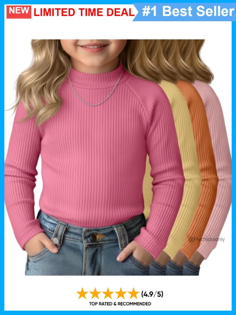 Toddler Girls Mock Neck Long Sleeve Ribbed Knit Shirts 4 Pack Slim Fit